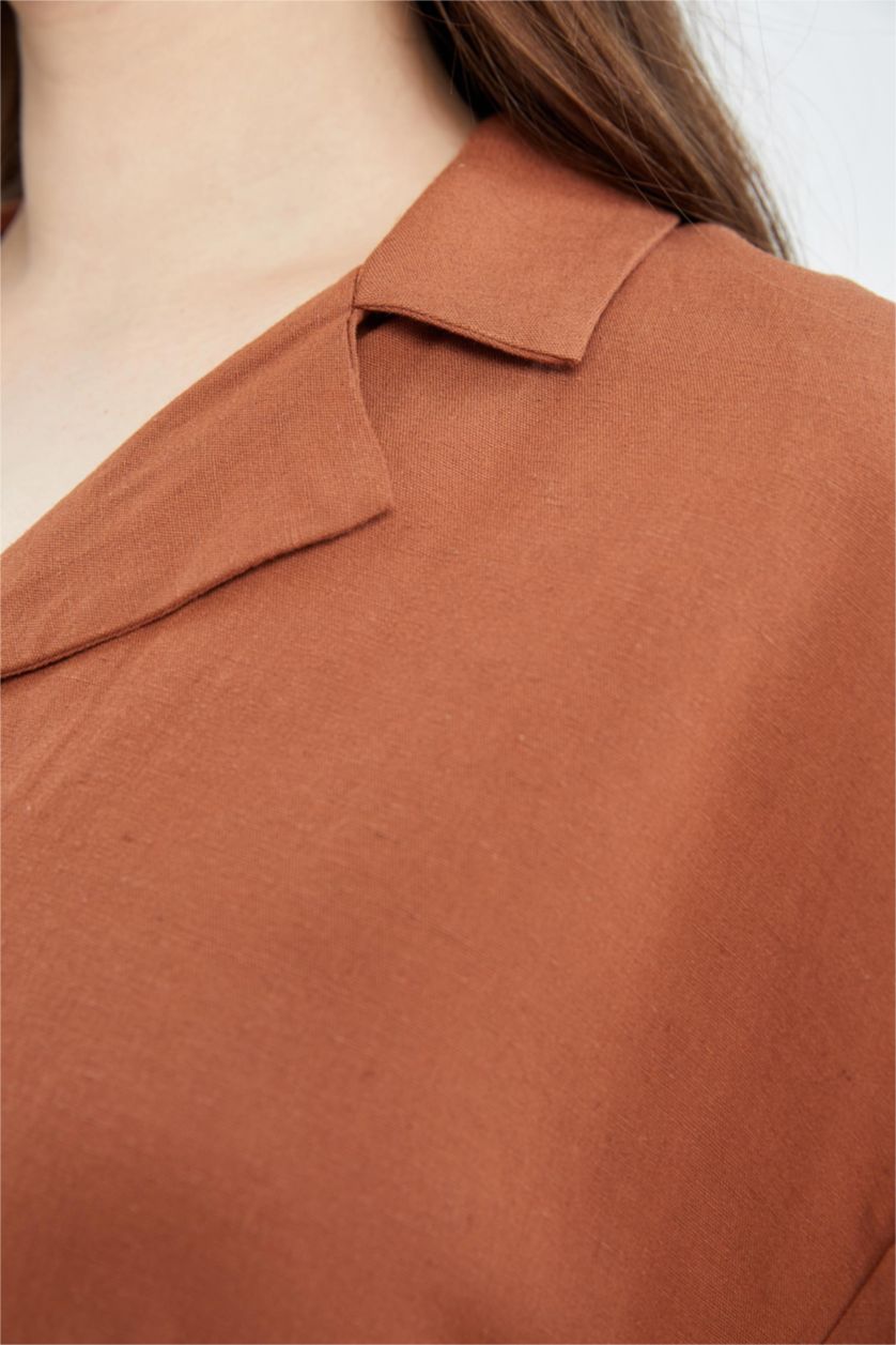 WOMAN Dark Camel Jacket Collar Relax Fit Short Sleeve Linen Shirt