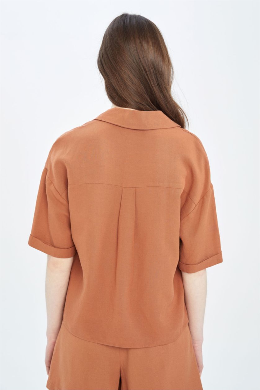 WOMAN Dark Camel Jacket Collar Relax Fit Short Sleeve Linen Shirt