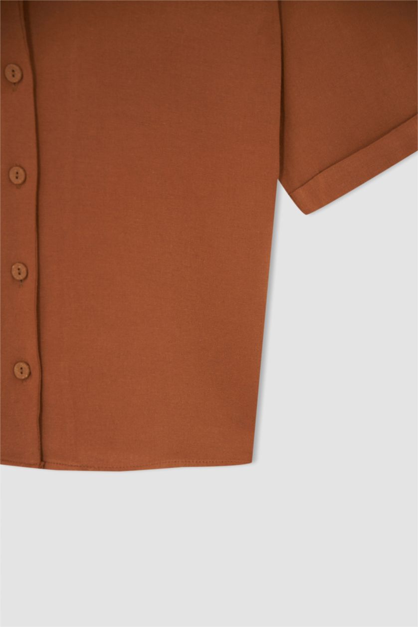 WOMAN Dark Camel Jacket Collar Relax Fit Short Sleeve Linen Shirt