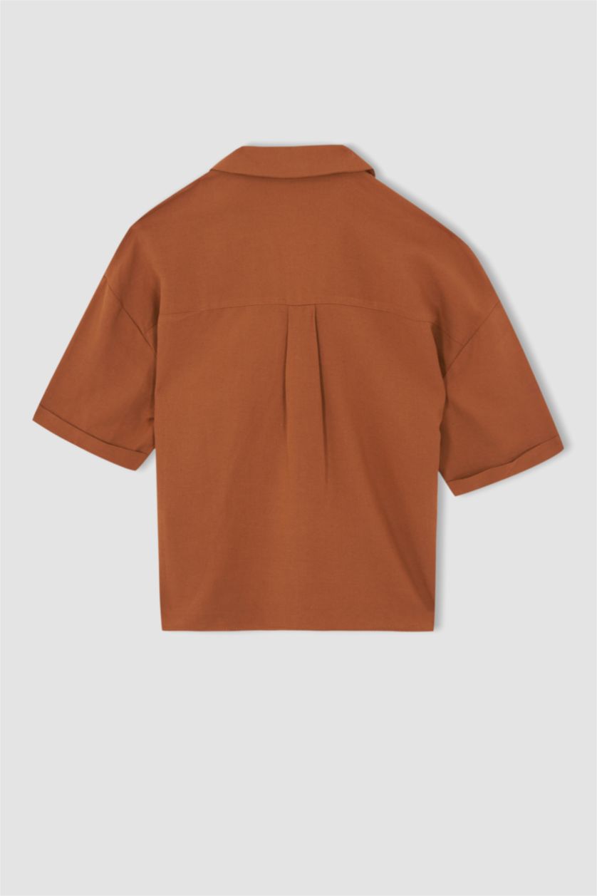 WOMAN Dark Camel Jacket Collar Relax Fit Short Sleeve Linen Shirt