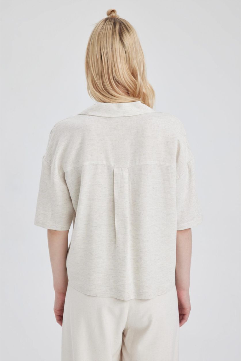 FEMME Écru Chemise en lin à manches courtes et col de veste