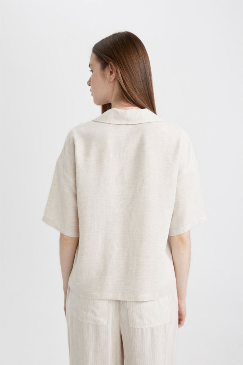 نساء Sade Ekru قميص نص كم واسع برقبة بيجاما ممزوج بالكتان