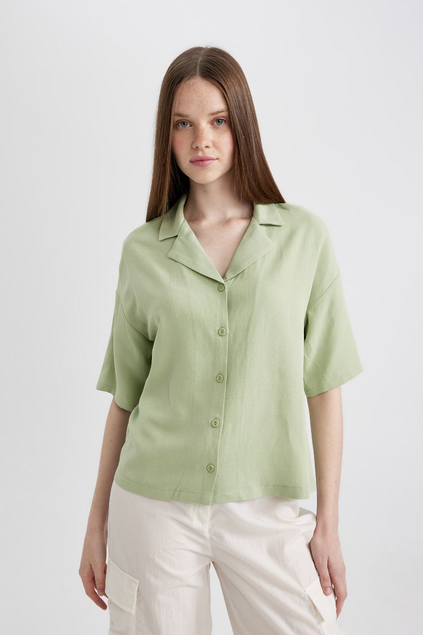 WOMAN Mint Oversize Fit Pyjamas Collar Linen Blended Short Sleeve Shirt