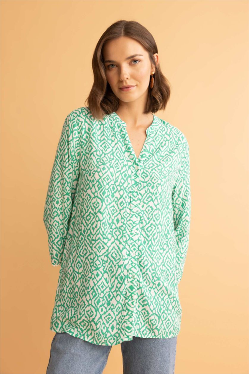 FEMME Vert Chemise à manches longues et à col rond, Coupe régulière