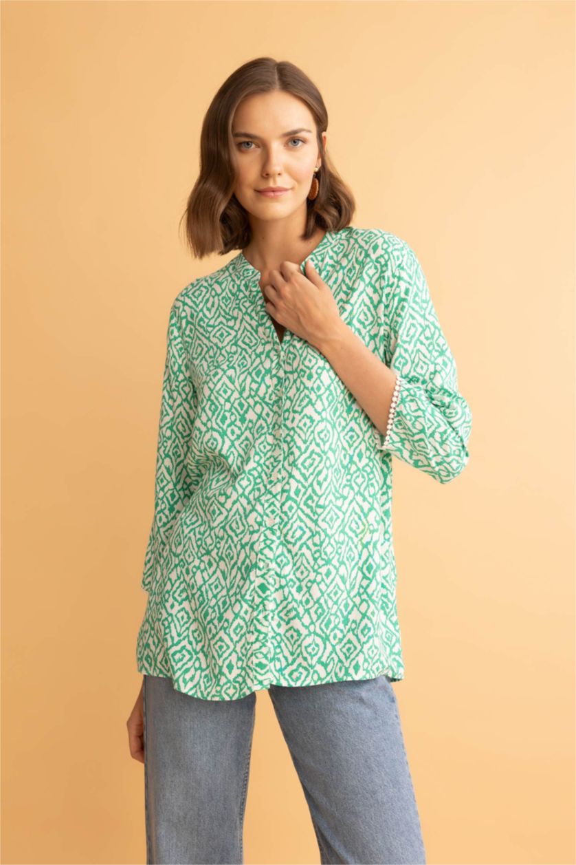 FEMME Vert Chemise à manches longues et à col rond, Coupe régulière