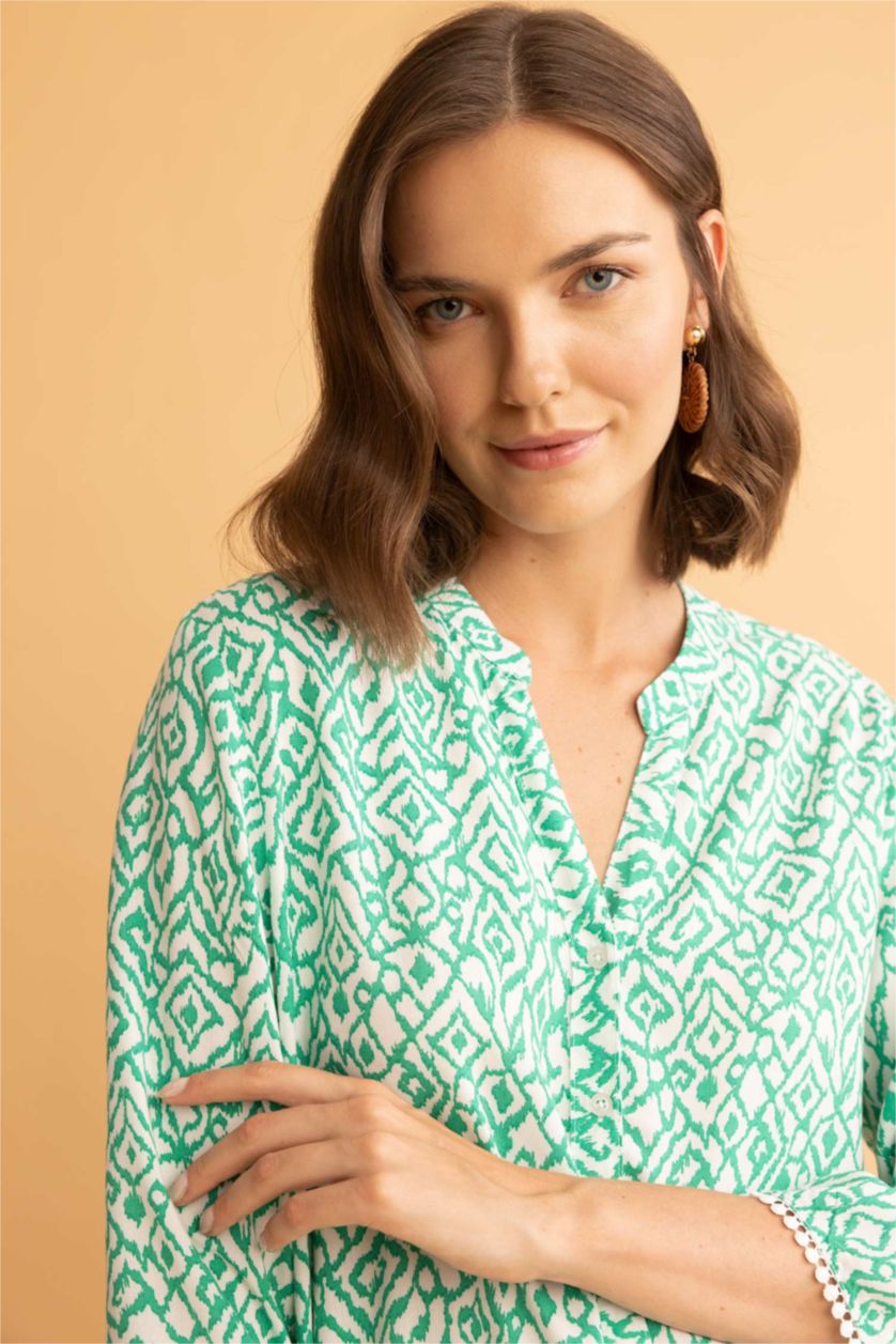 FEMME Vert Chemise à manches longues et à col rond, Coupe régulière