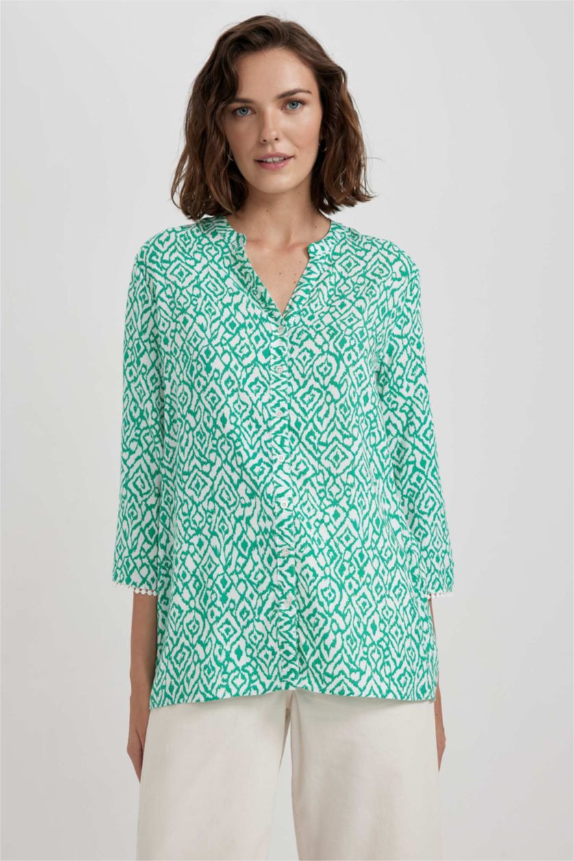 FEMME Vert Chemise à manches longues et à col rond, Coupe régulière