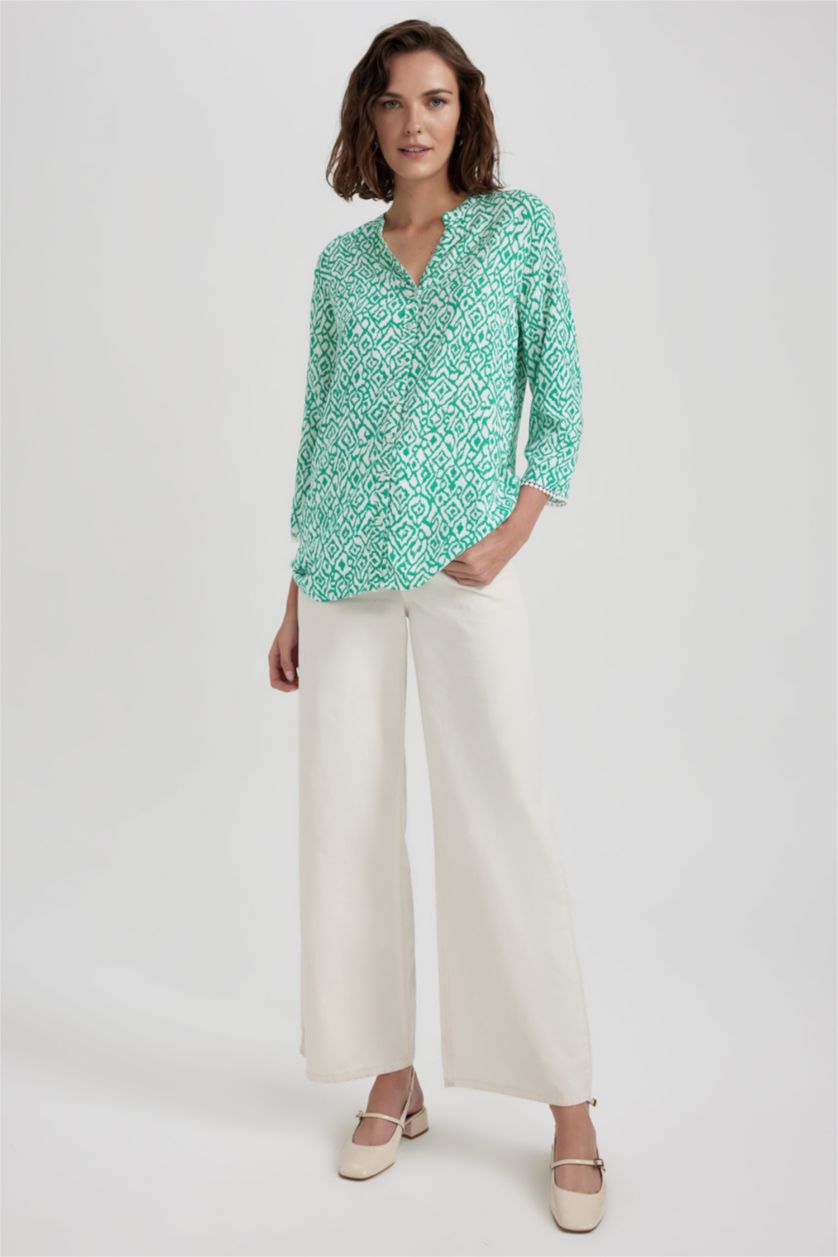 FEMME Vert Chemise à manches longues et à col rond, Coupe régulière