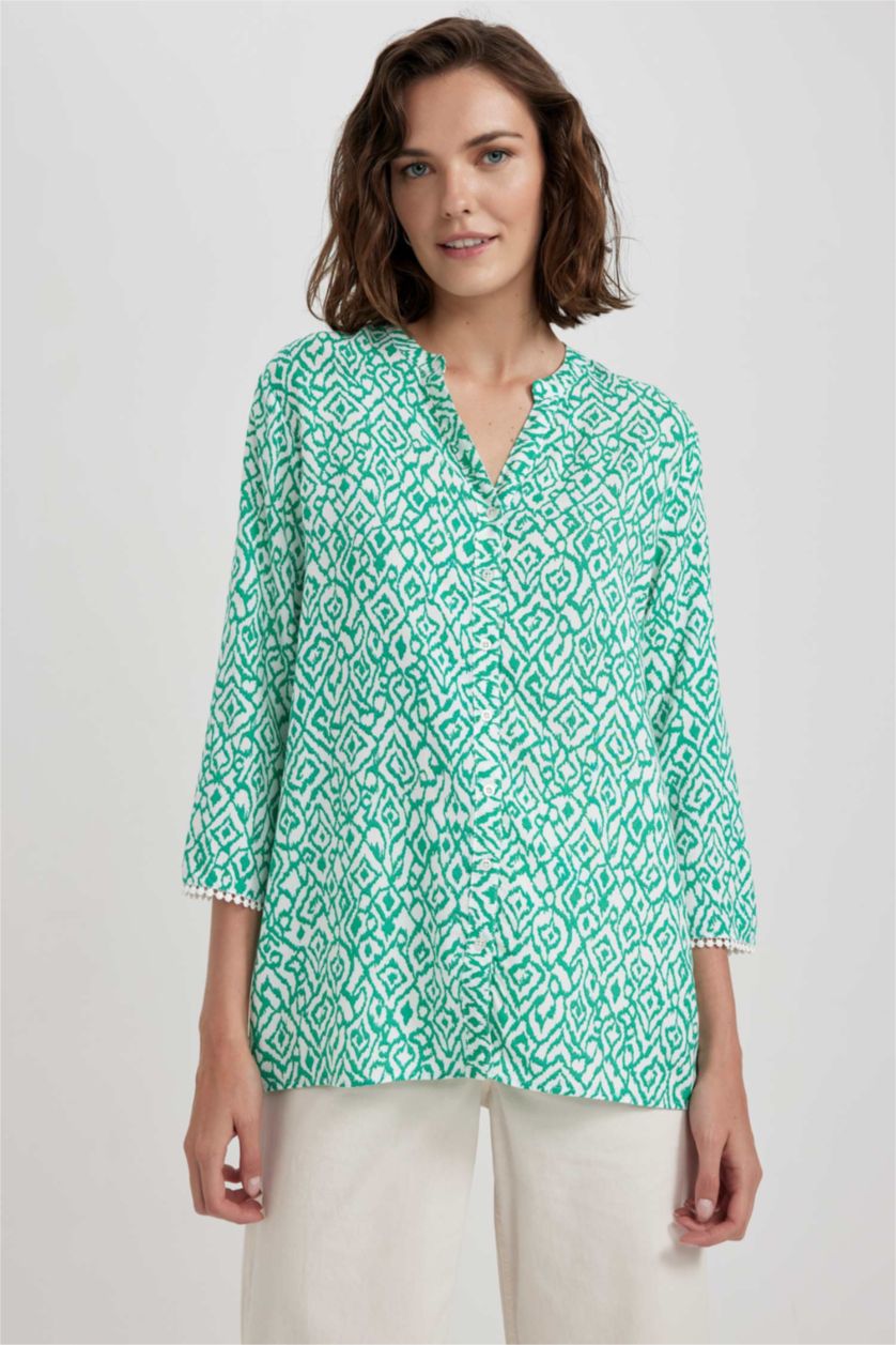 FEMME Vert Chemise à manches longues et à col rond, Coupe régulière