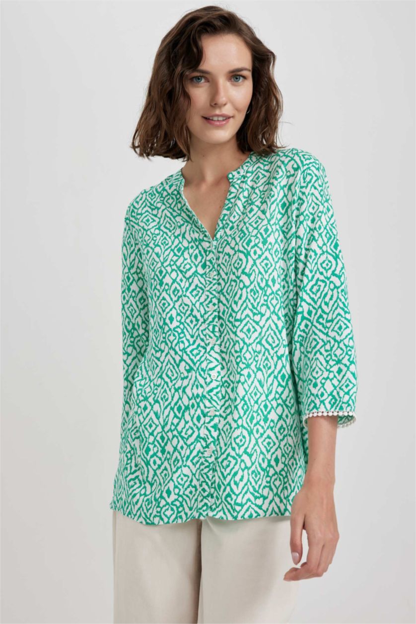 FEMME Vert Chemise à manches longues et à col rond, Coupe régulière