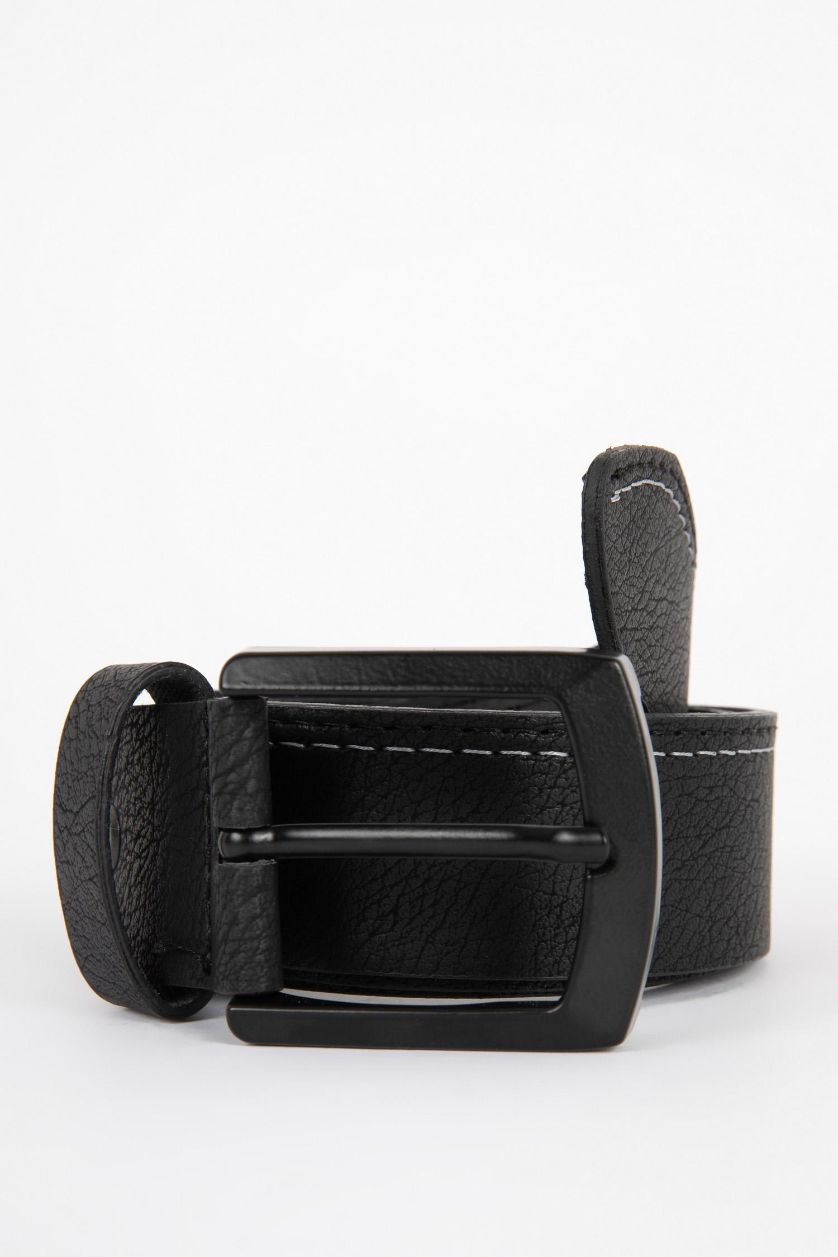 Man Black Man Rectangular Buckle Faux Leather Denim Belt