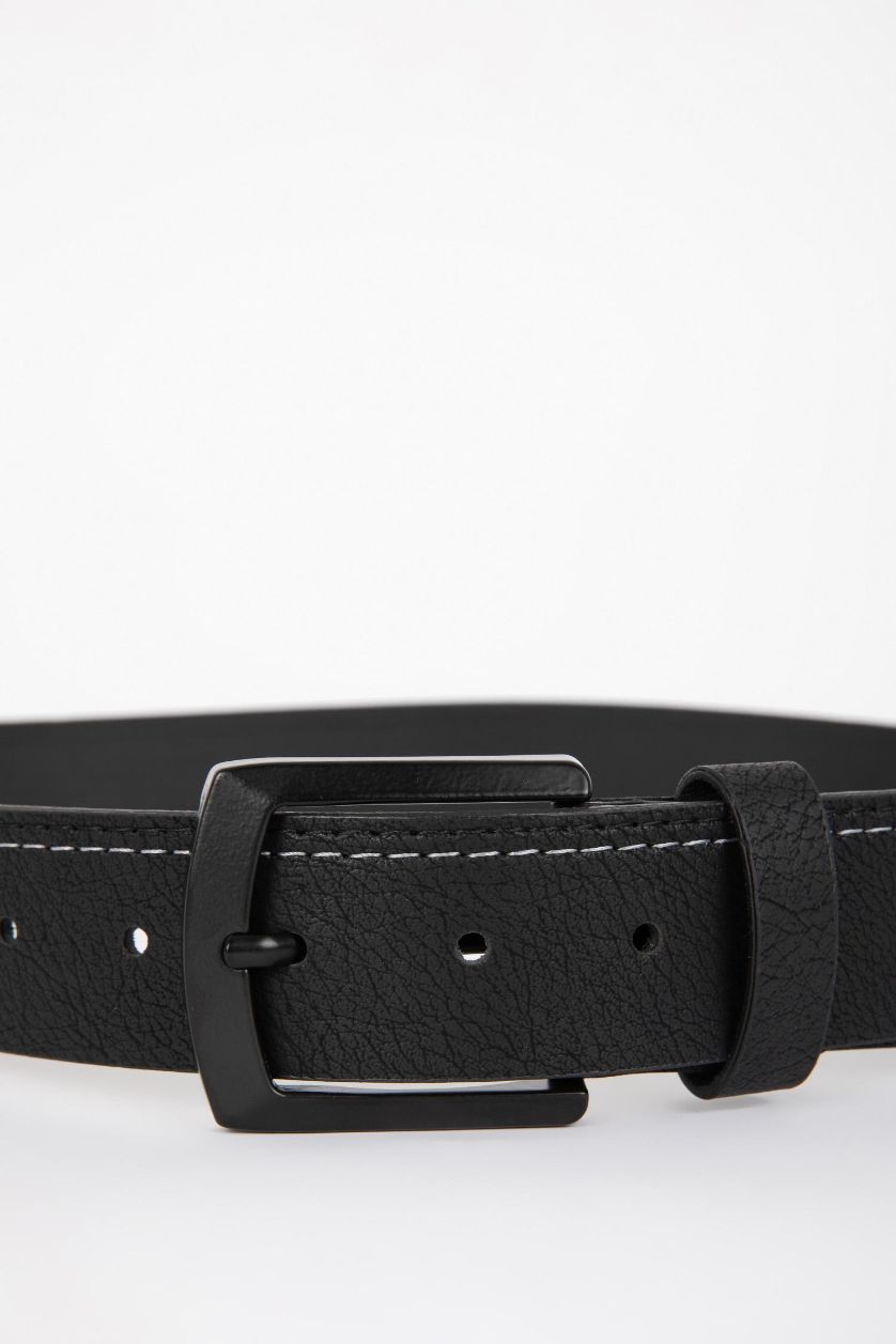 Man Black Man Rectangular Buckle Faux Leather Denim Belt