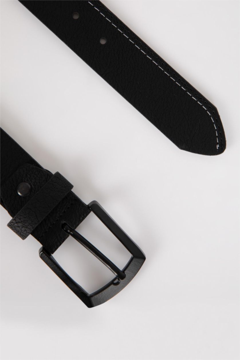 Men Black Man Rectangular Buckle Faux Leather Denim Belt