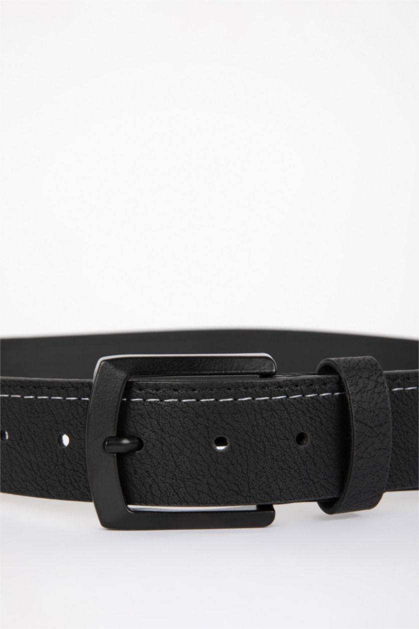 Men Black Man Rectangular Buckle Faux Leather Denim Belt