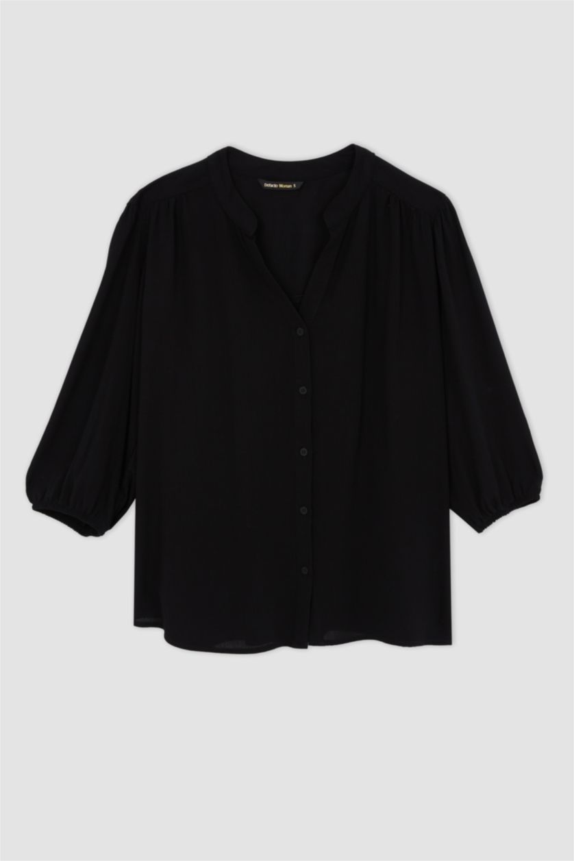 Kadın Siyah V Yaka Pile Detaylı Yarım Kollu Bluz