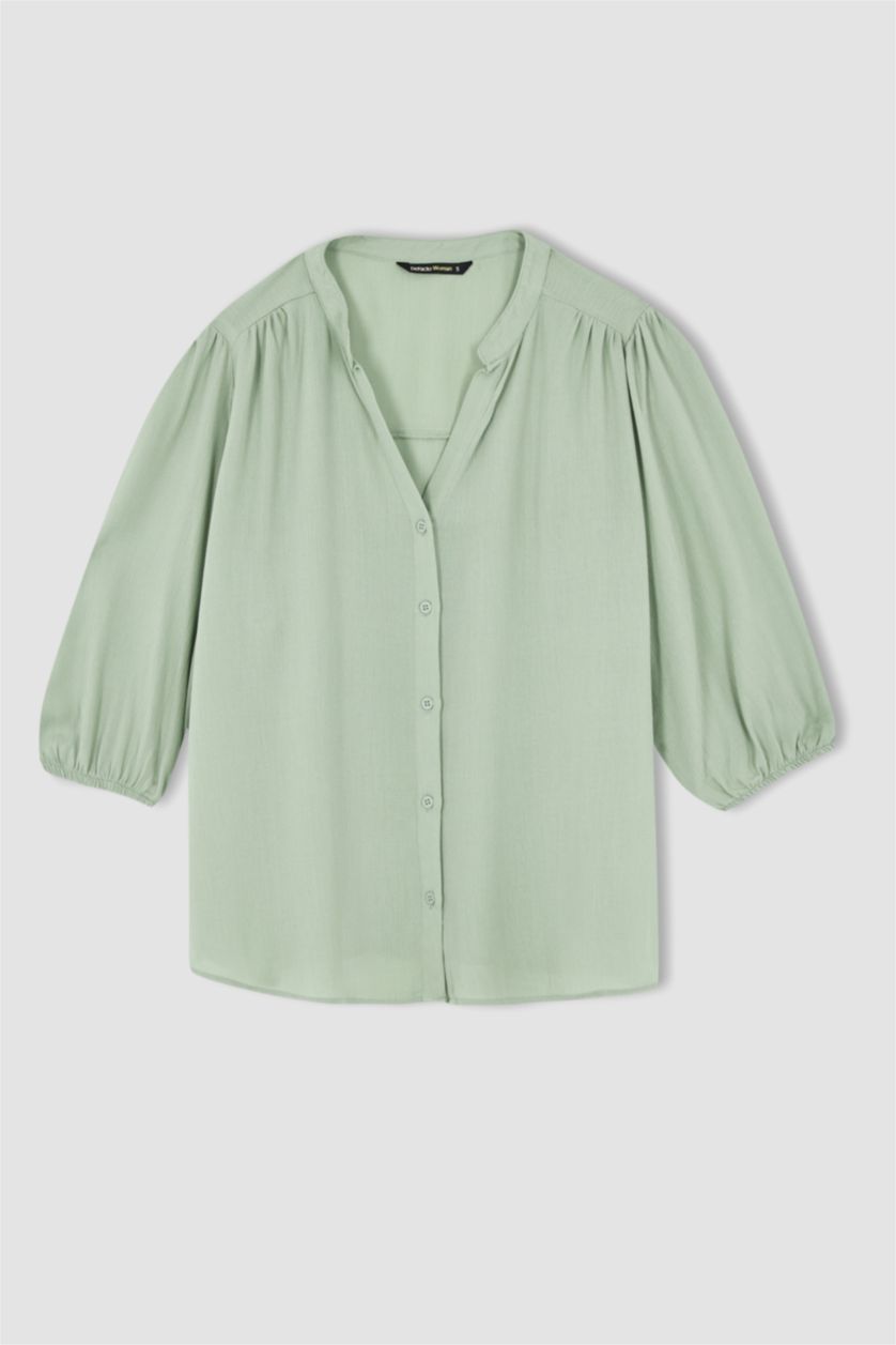 Kadın Açık Yeşil V Yaka Pile Detaylı Yarım Kollu Bluz