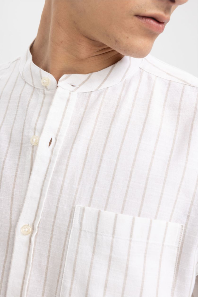 رجال اللون الحجري قميص مقلم مودرن فيت بياقة مرفوعة