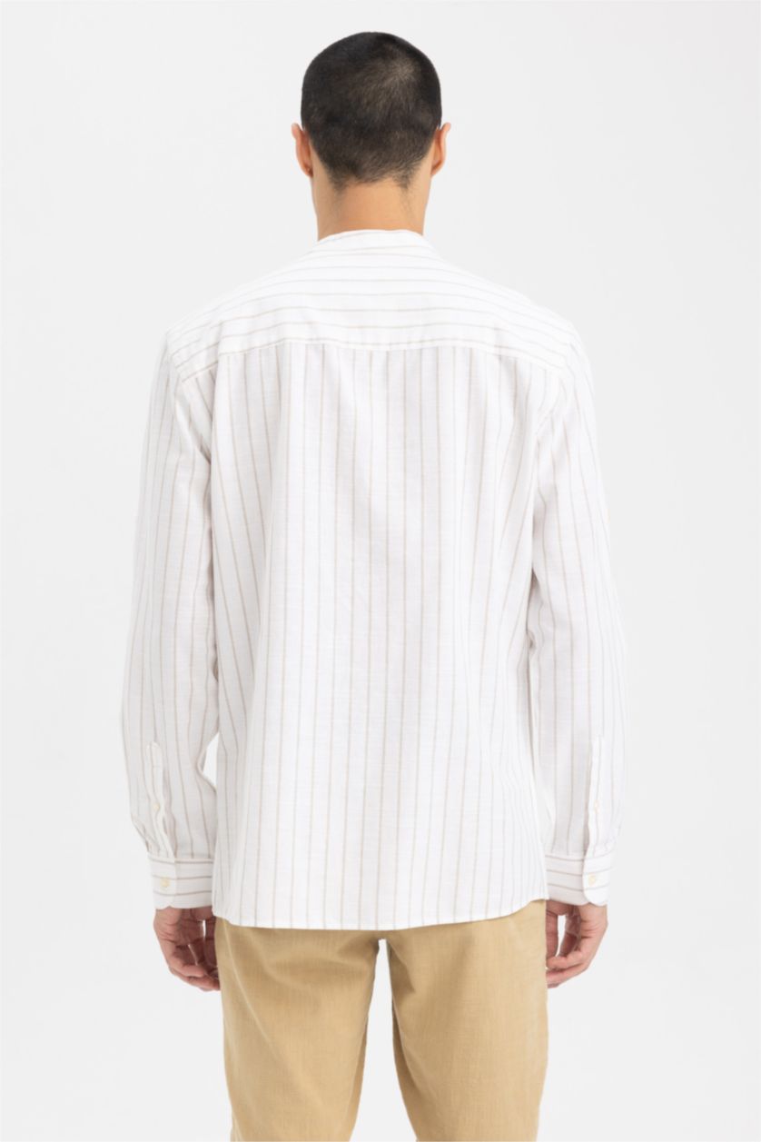 رجال اللون الحجري قميص مقلم مودرن فيت بياقة مرفوعة