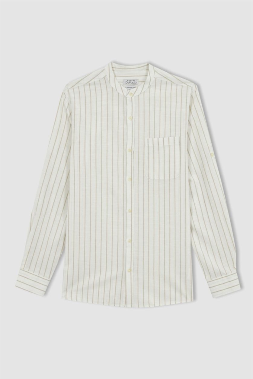 رجال اللون الحجري قميص مقلم مودرن فيت بياقة مرفوعة