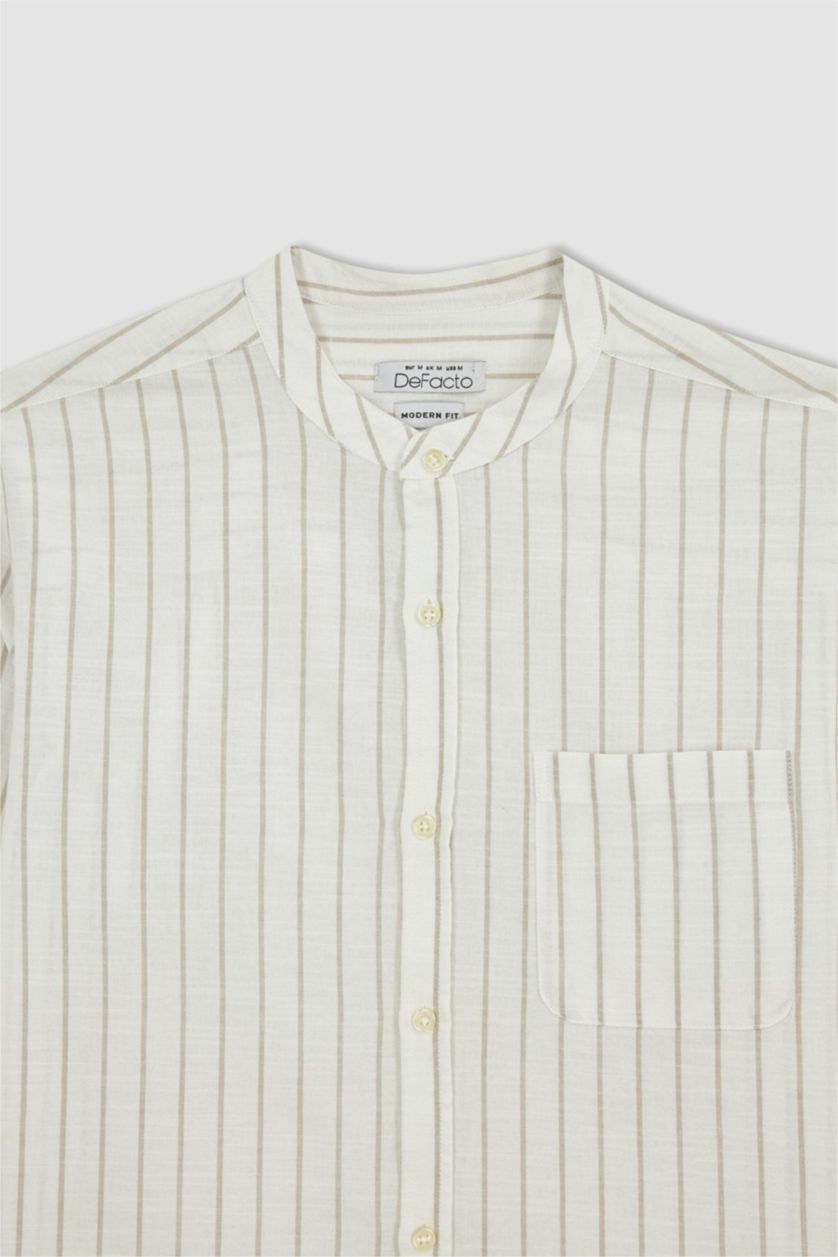 رجال اللون الحجري قميص مقلم مودرن فيت بياقة مرفوعة