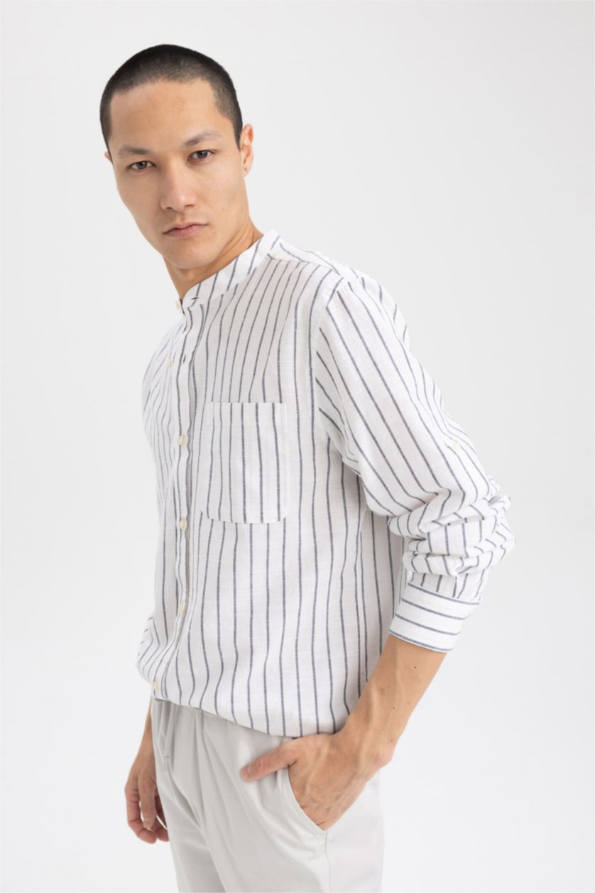 رجال اوف وايت قميص كتان مخطط مودرن فيت بياقة عالية