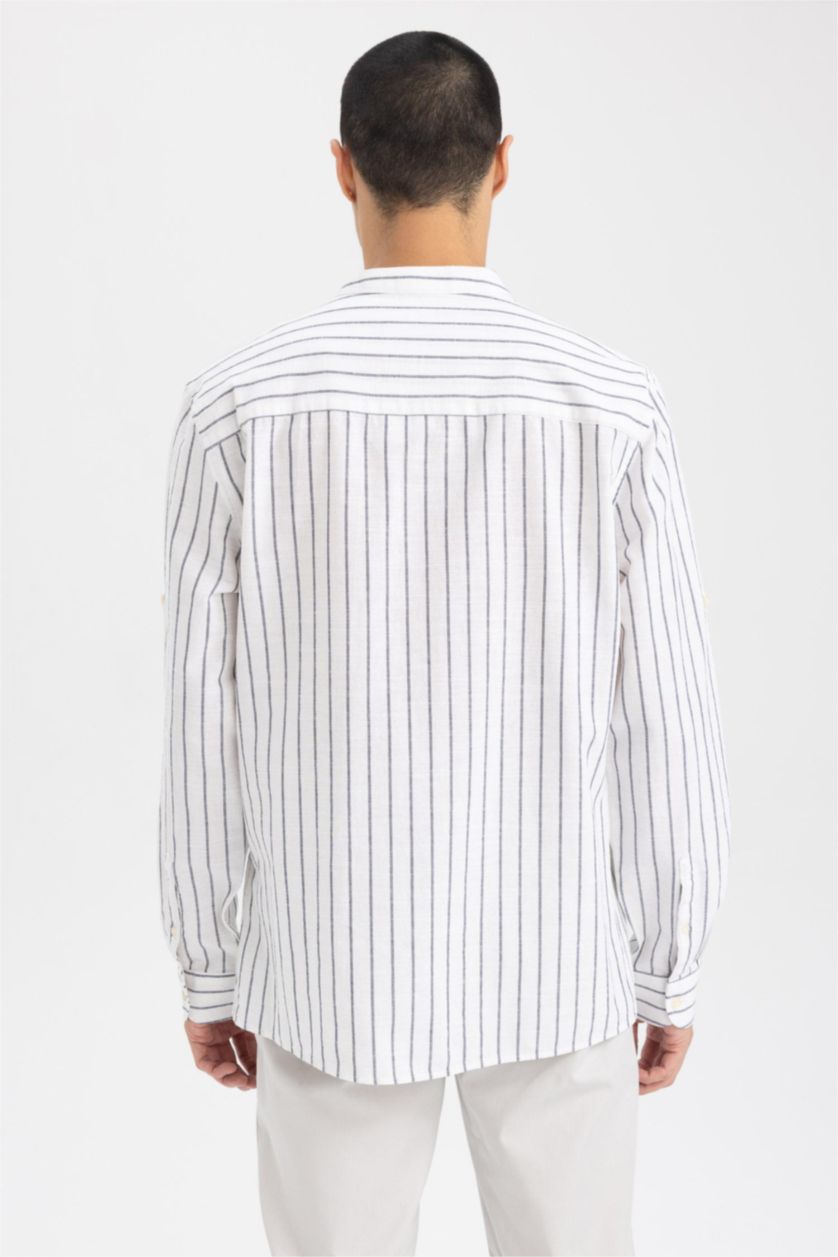 رجال اوف وايت قميص كتان مخطط مودرن فيت بياقة عالية