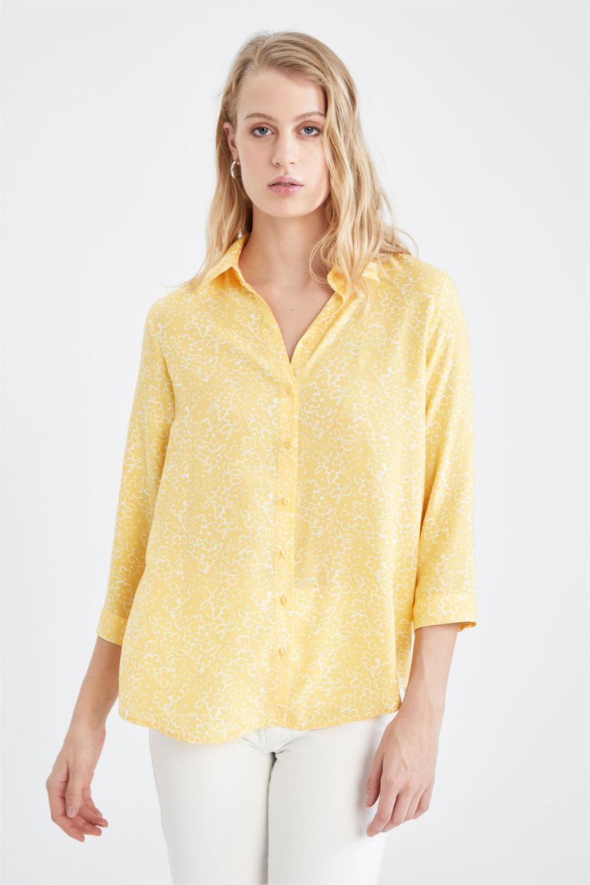 نساء أصفر قميص كم طويل قصة فضفاضة بياقة قميص