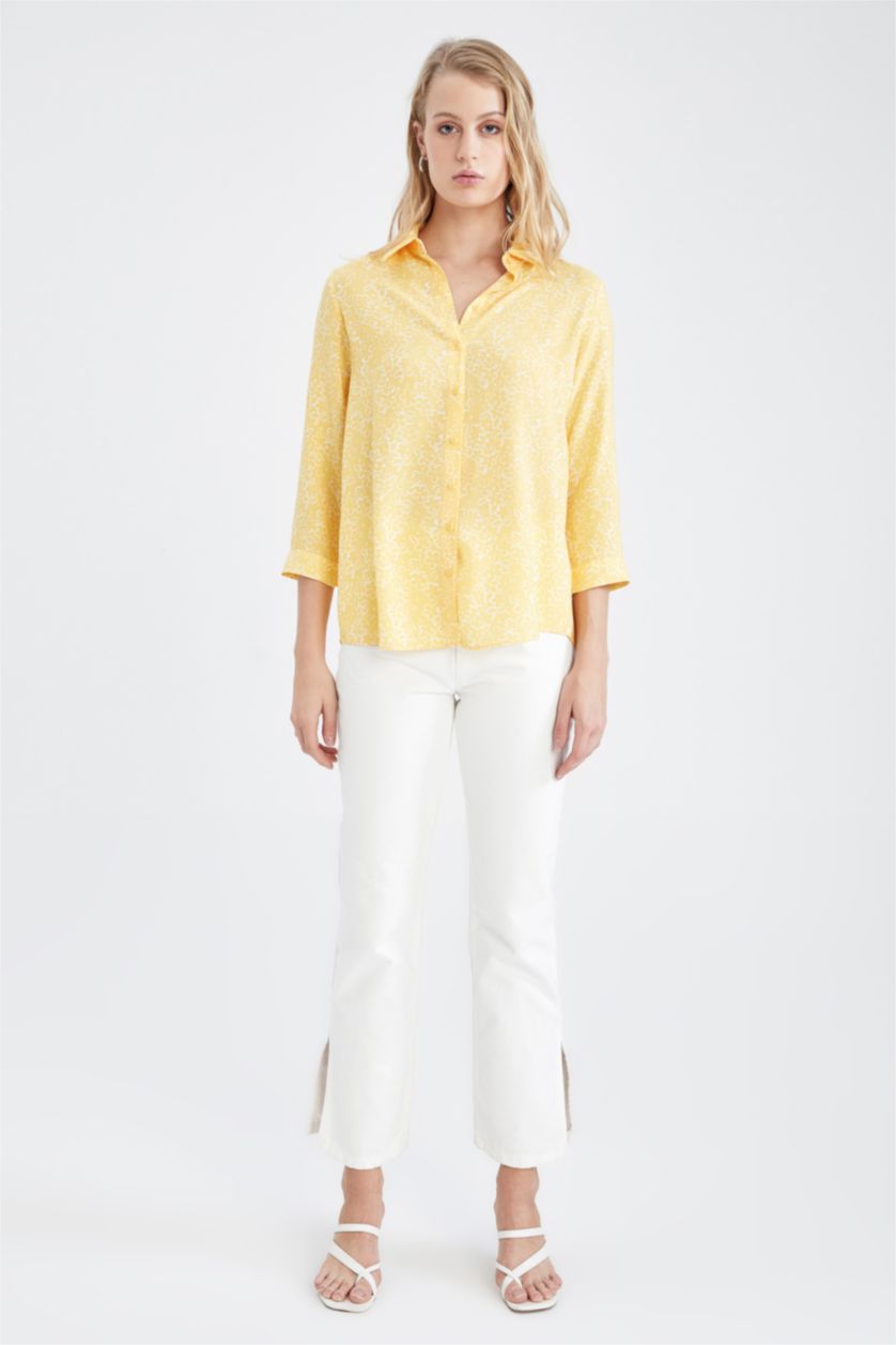 نساء أصفر قميص كم طويل قصة فضفاضة بياقة قميص