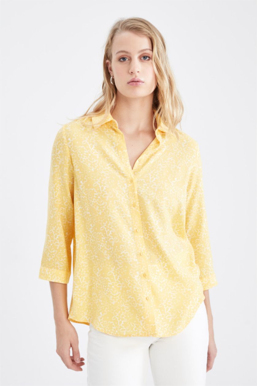 نساء أصفر قميص كم طويل قصة فضفاضة بياقة قميص