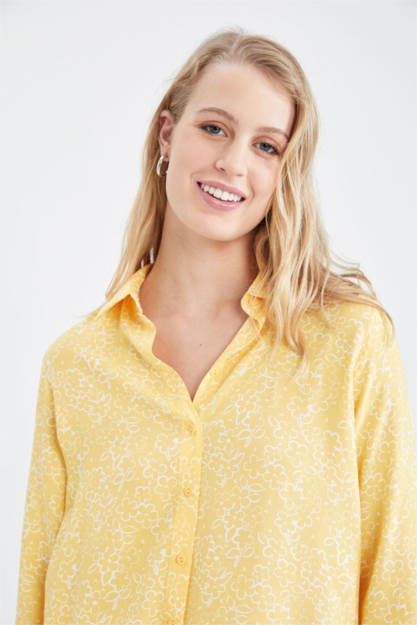 نساء أصفر قميص كم طويل قصة فضفاضة بياقة قميص