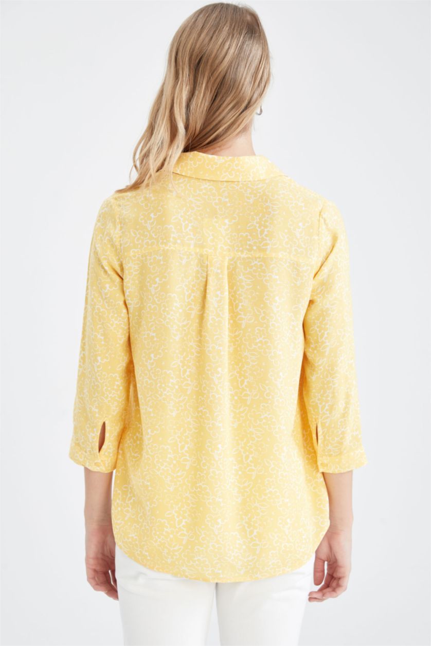 نساء أصفر قميص كم طويل قصة فضفاضة بياقة قميص