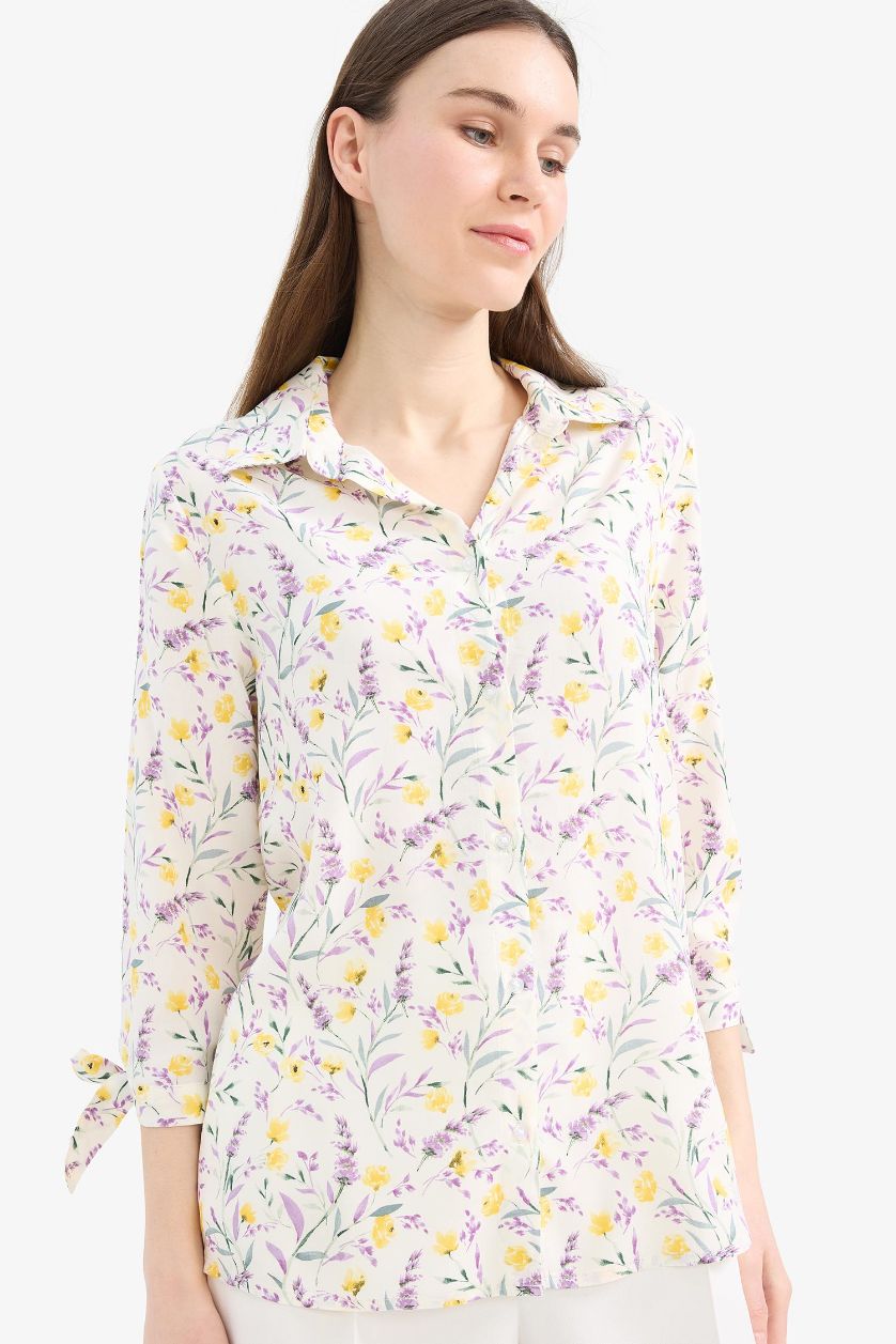 Kadın Açık Sarı Loose Fit Çiçek Desenli Uzun Kollu Gömlek