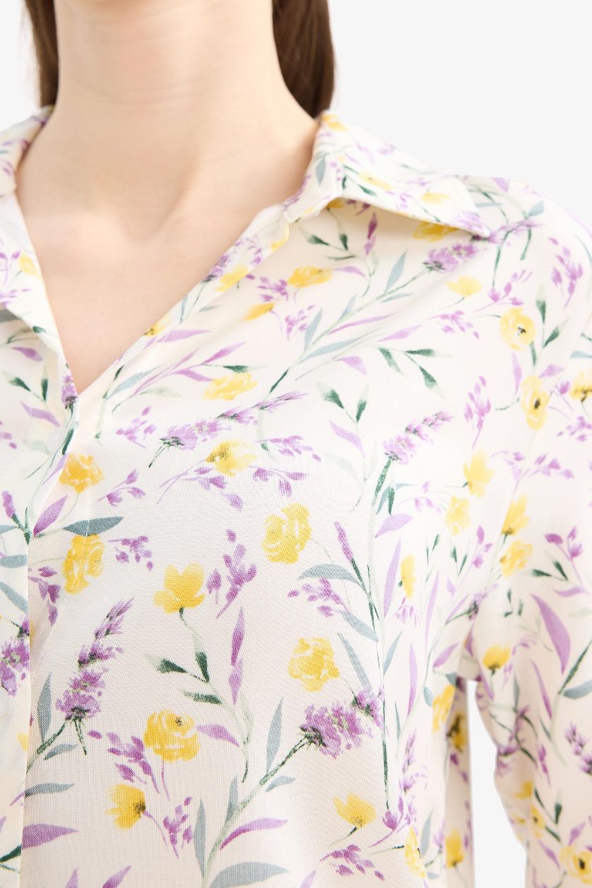Kadın Açık Sarı Loose Fit Çiçek Desenli Uzun Kollu Gömlek