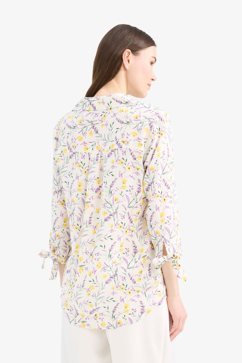 Kadın Açık Sarı Loose Fit Çiçek Desenli Uzun Kollu Gömlek