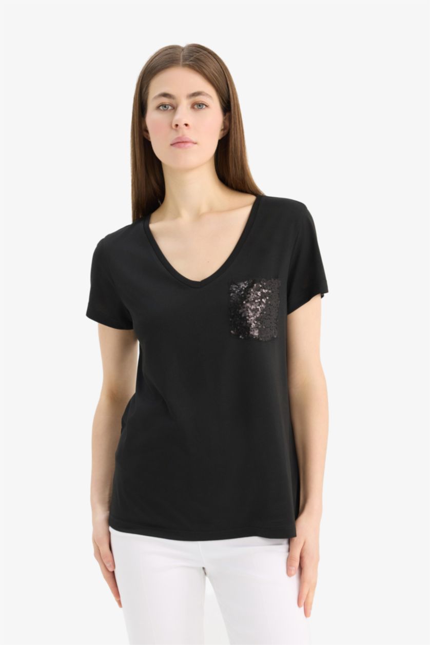 WOMAN Black Regular Fit Short Sleeve T-Shirt