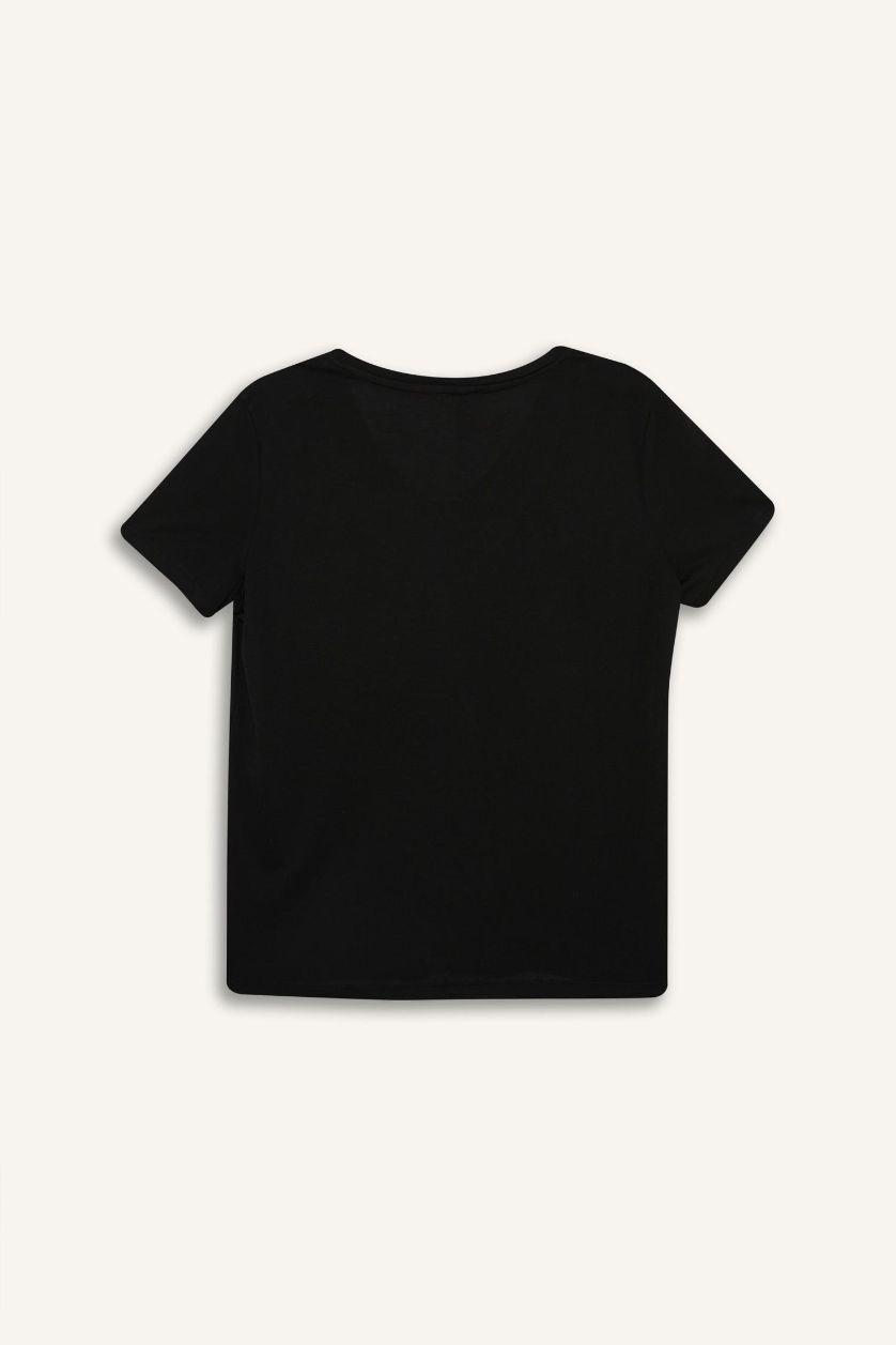 نساء أسود تيشيرت نص كم قصة عادية برقبة V و جيب