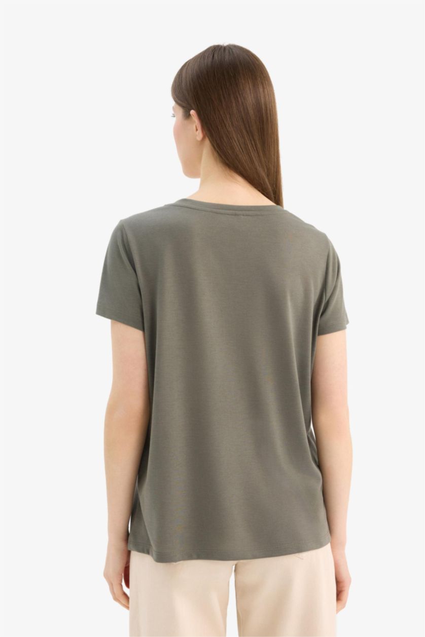 نساء كاكي تيشيرت نص كم قصة عادية برقبة V و جيب