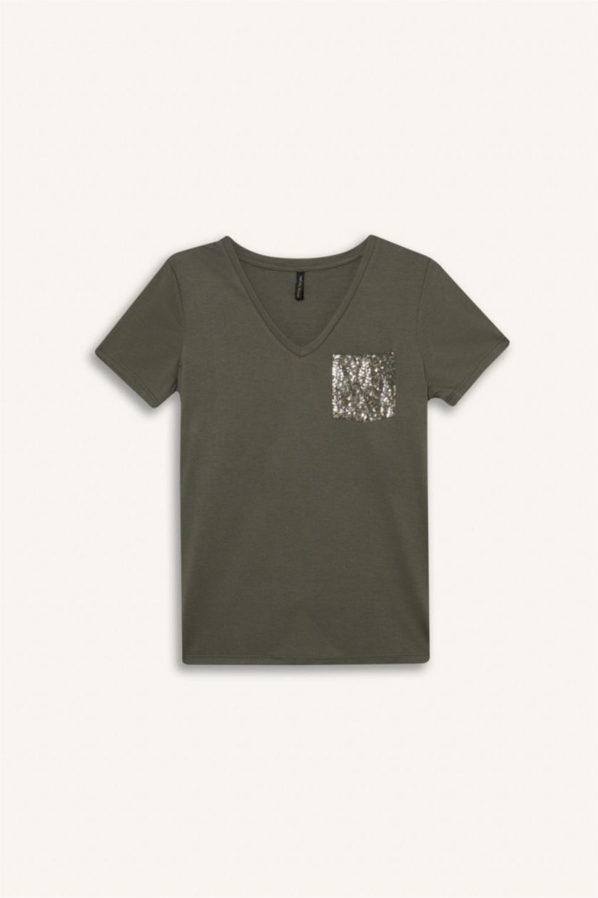 نساء كاكي تيشيرت نص كم قصة عادية برقبة V و جيب