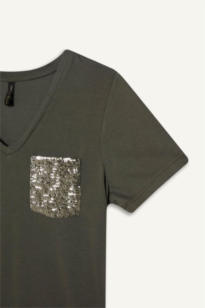 نساء كاكي تيشيرت نص كم قصة عادية برقبة V و جيب