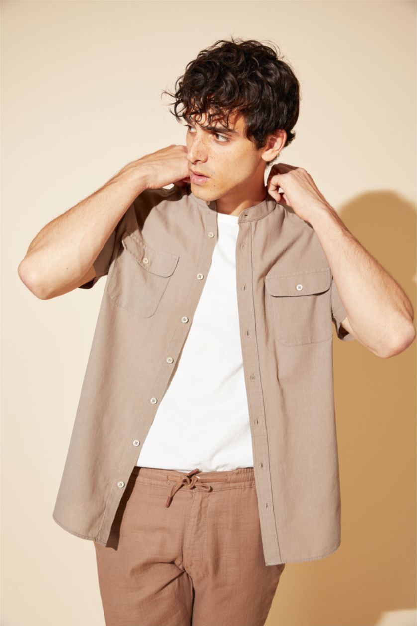 رجال فيزوني قميص بأكمام قصيرة بقصة عادية بياقة مرفوعة