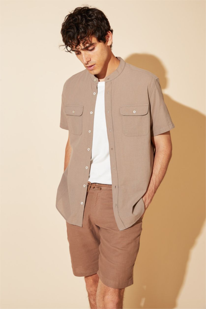 رجال فيزوني قميص بأكمام قصيرة بقصة عادية بياقة مرفوعة