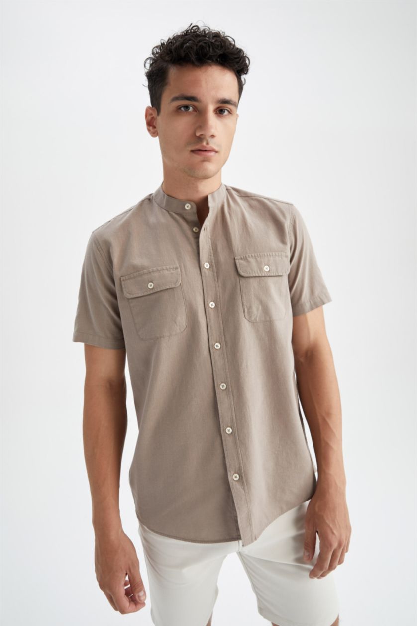 رجال فيزوني قميص بأكمام قصيرة بقصة عادية بياقة مرفوعة