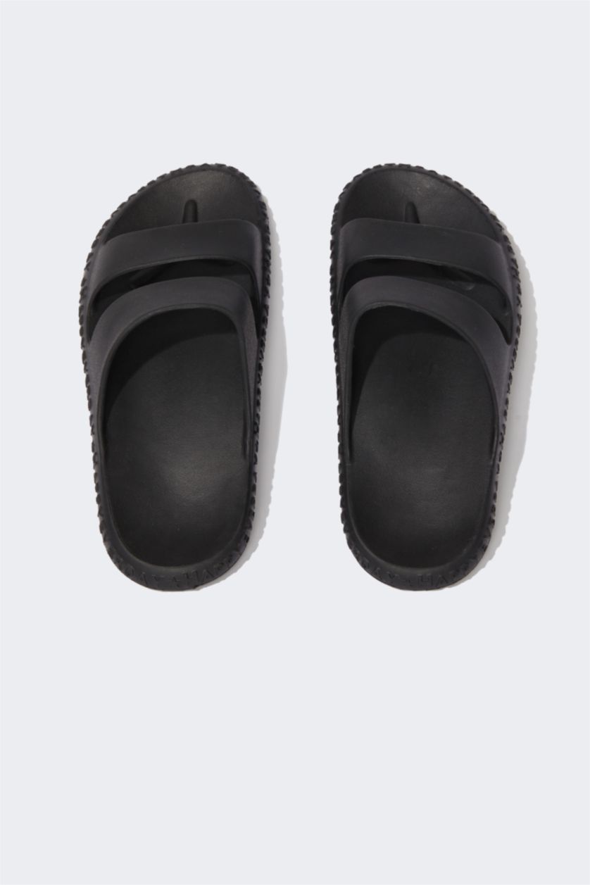 رجال أسود شبشب جلد صناعي بكعب مسطح بشريط مزدوج