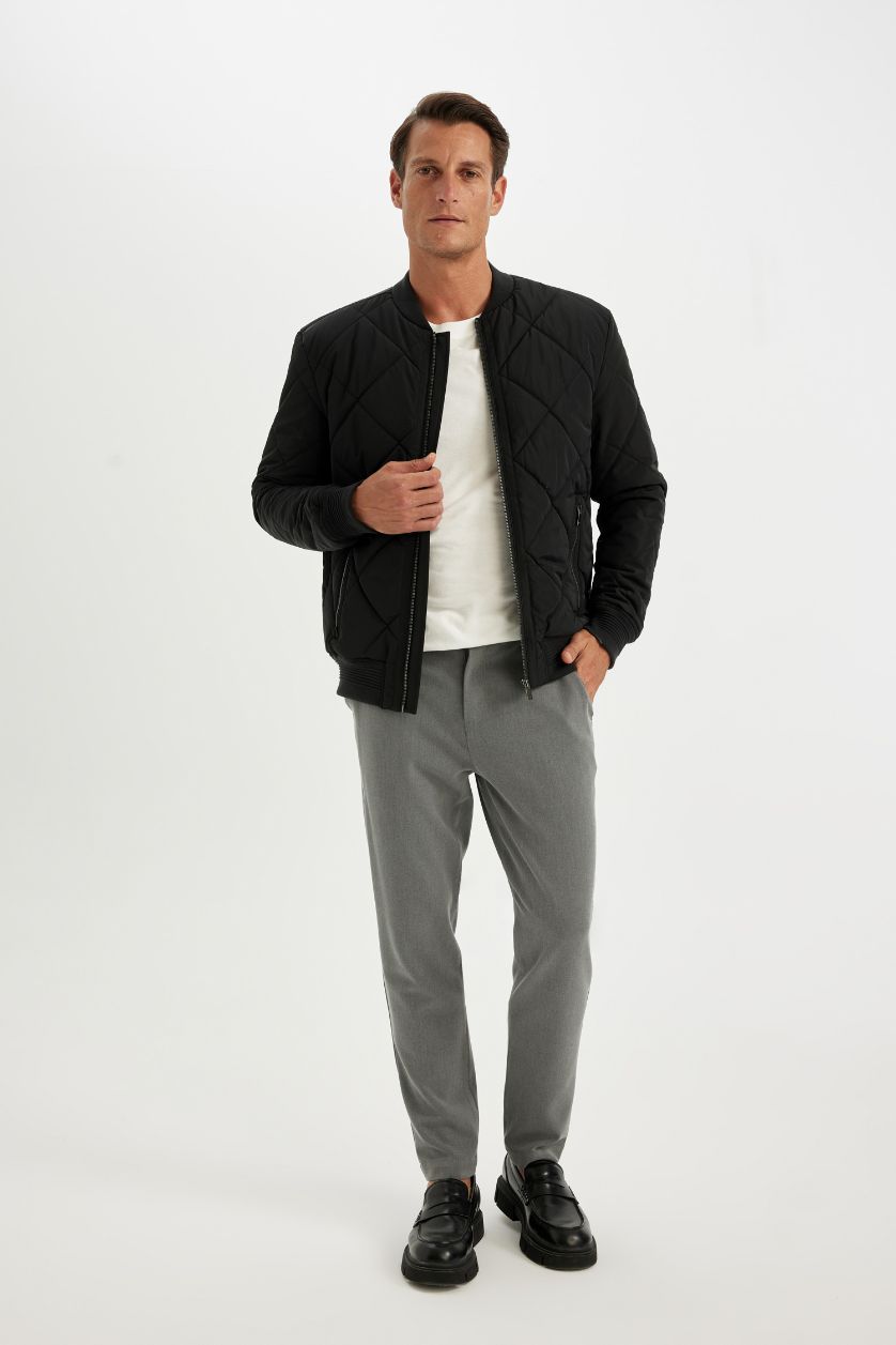 Erkek Siyah Su İtici Slim Fit Dar Kesim Bomber Kolej Yaka Fermuarlı Cepli Astarlı Mevsimlik Mont