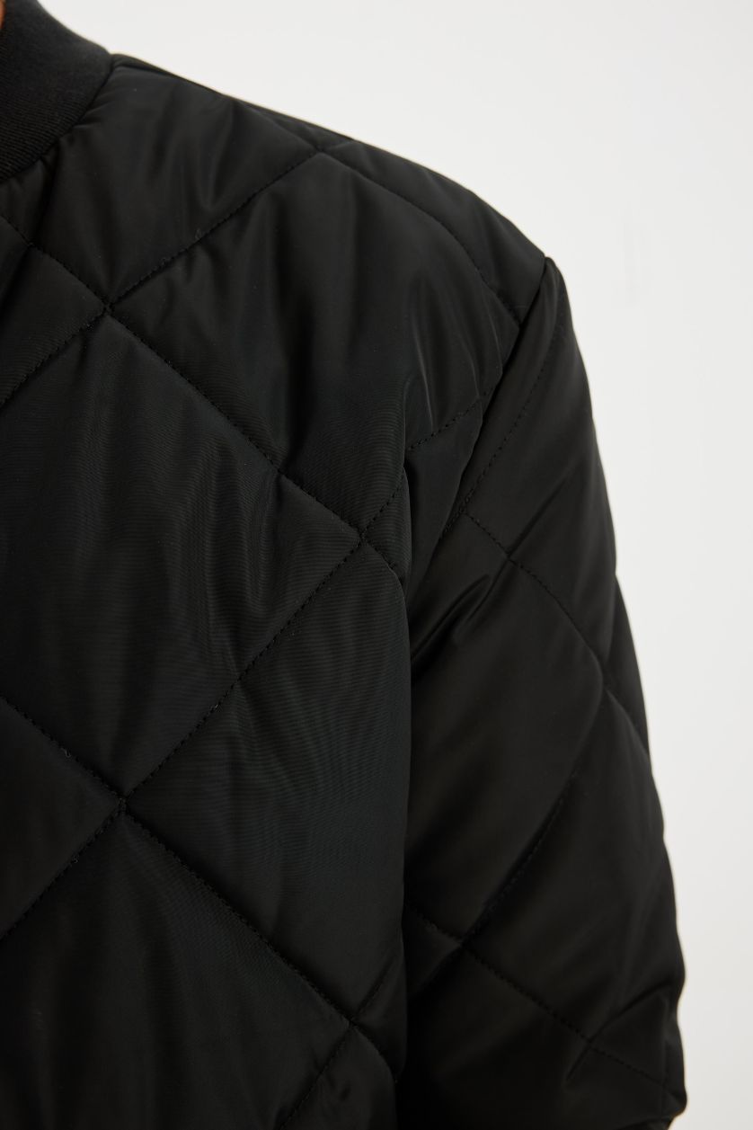 Erkek Siyah Su İtici Slim Fit Dar Kesim Bomber Kolej Yaka Fermuarlı Cepli Astarlı Mevsimlik Mont