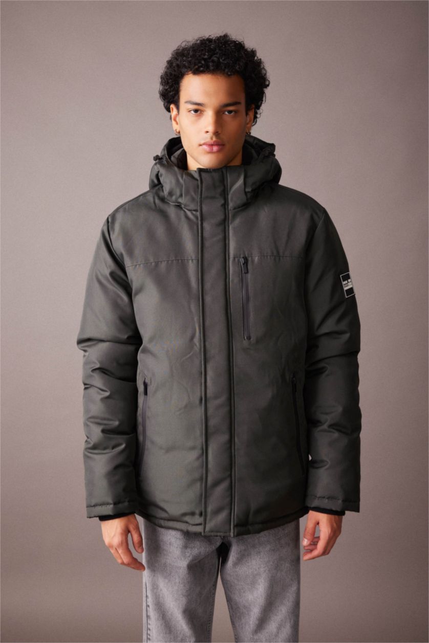 MAN Dark Khaki Waterproof Regular Fit Hooded Puffer Jacket