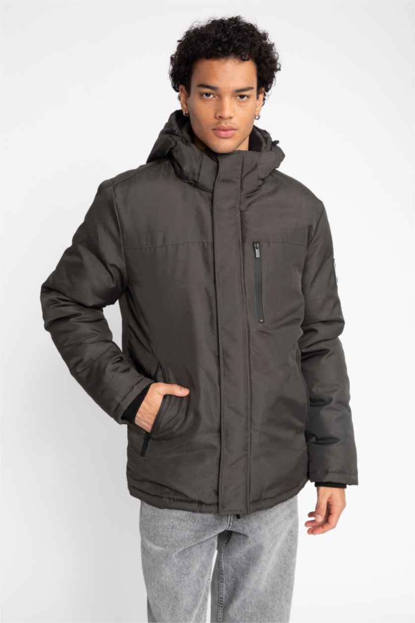 MAN Dark Khaki Waterproof Regular Fit Hooded Puffer Jacket