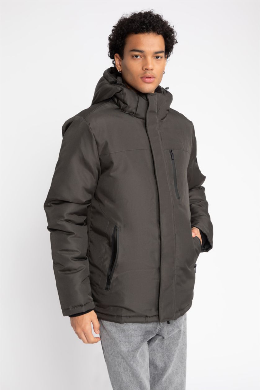 MAN Dark Khaki Waterproof Regular Fit Hooded Puffer Jacket