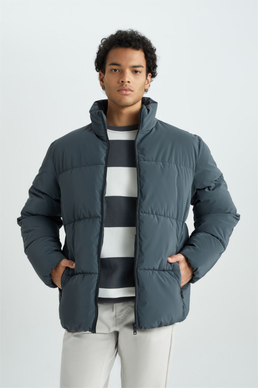 Мужчины Темно-зеленый Кауртка приталенного кроя с воротником стойкой