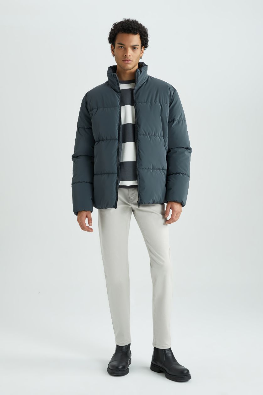 Мужчины Темно-зеленый Кауртка приталенного кроя с воротником стойкой